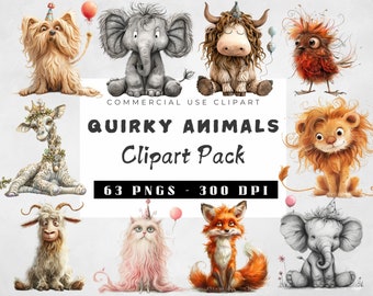 Watercolor Quirky Animals Clipart Bundle, Silly Baby Animals PNG, Crazy Animal Clipart,  Silly graphics illustration, High Resolution  PNG