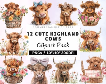 Aquarell Süßes Highland Kuh Clipart Bundle, hochwertige PNGs, Junk Journals, Boho Baby Highland Kuh Clipart, Highland Kuh in einem Eimer PNG