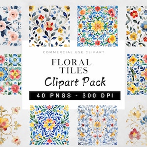 Watercolor Mexican Talavera Clipart Set, Mexican Art, Mosaic Designs, Colorful Tiles PNG Designs, Floral Tiles for Crafts, Scrapbook Paper
