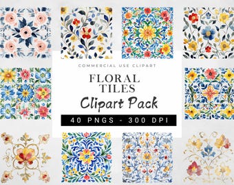 Aquarel Mexicaanse Talavera Clipart Set, Mexicaanse Kunst, Mozaïekontwerpen, Kleurrijke Tegels PNG Ontwerpen, Bloementegels voor Knutselen, Scrapbookpapier