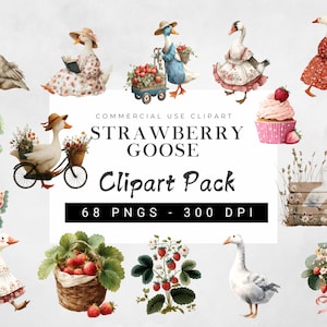 Strawberry Goose Clipart PNG, Cute Cottagecore Geese Illustrations, Spring Clip Art with Strawberries, Transparent Background
