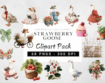 Strawberry Goose Clipart PNG, Cute Cottagecore Geese Illustrations, Spring Clip Art with Strawberries, Transparent Background