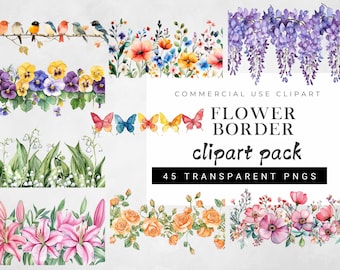 May include: A collection of watercolor floral border clipart. The image includes various floral arrangements, butterflies, and birds. Text on the image reads "FLOWER BORDER clipart pack" and "45 TRANSPARENT PNGS".