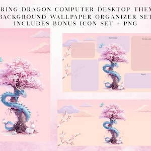 May include: A digital desktop theme featuring a pink and purple color scheme. The design includes a tree with pink blossoms and a blue dragon, along with a bonus icon set. The text reads "Spring Dragon Computer Desktop Theme Background Wallpaper Organizer Set Includes Bonus Icon Set + PNG."