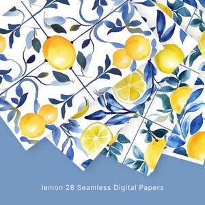 May include: A set of 28 digital papers featuring a seamless pattern of lemons and blue leaves on a white background. The lemons are yellow and the leaves are a mix of blue and green.