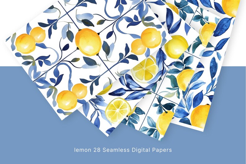 May include: A set of 28 digital papers featuring a seamless pattern of lemons and blue leaves on a white background. The lemons are yellow and the leaves are a mix of blue and green.
