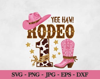 Diseño de camiseta para primer cumpleaños de rodeo de vaquera / Sublimación de cumpleaños del oeste / Descarga digital PNG de fiesta de rodeo rosa