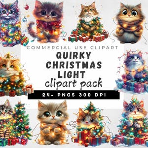 Schrullige Weihnachtslichter Art Clipart Bundle, schrullige Winterurlaub Grafiken, wunderliche Weihnachtslichter Clipart, Katzen Clipart, Kätzchen Clipart,