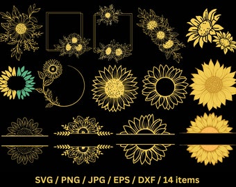 Zonnebloem Svg-bundel, zonnebloem monogram Svg, gesplitste zonnebloem Png, bruiloft monogram Svg, bloem naam Frame Svg Png, halve zonnebloem Clipart