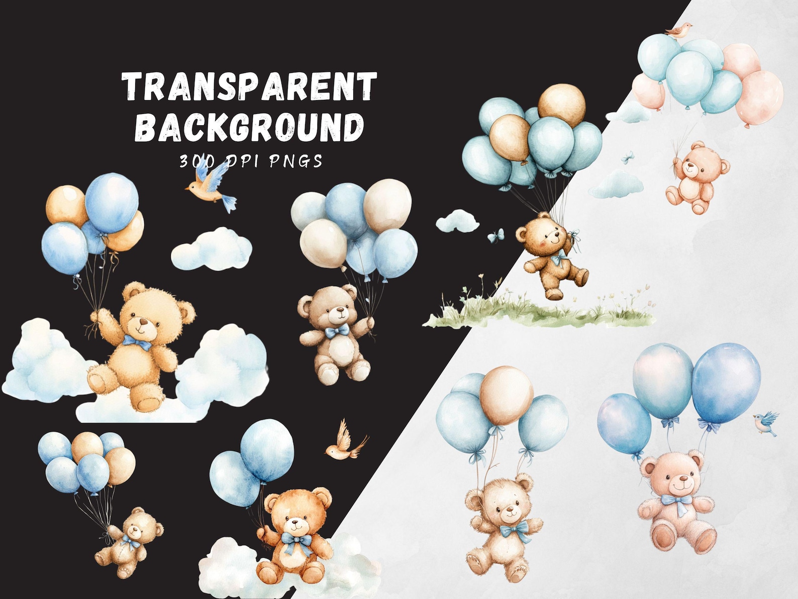 Teddy Bear and Blue Balloons Clipart Bundle, Baby Shower for A Boy ...