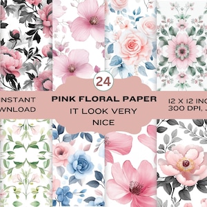Pink Floral Seamless Digital Papers, Pink Flower Scrapbook Papers, Spring Floral Patterns, Pink Digital Backgrounds, Junk Journal Papers