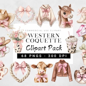Western coquette clipartbundel, western coquette png, cowgirl hoed png, cowboylaarzen clipart, Highland Cow png, paard png, roze strik clipart