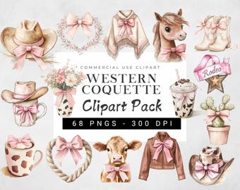 Western Coquette Clipart Bundle, Western Coquette Png, Cappello da cowgirl Png, Stivali da cowboy Clipart, Mucca delle Highlands Png, Cavallo Png, Fiocco rosa Clipart