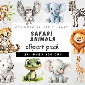 Bundle de cliparts animaux de safari, aquarelle bébé animal Clipart, Baby ShowerArt, clipart animaux de la jungle bébés animaux mignons PNG, Art pour chambre d'enfant