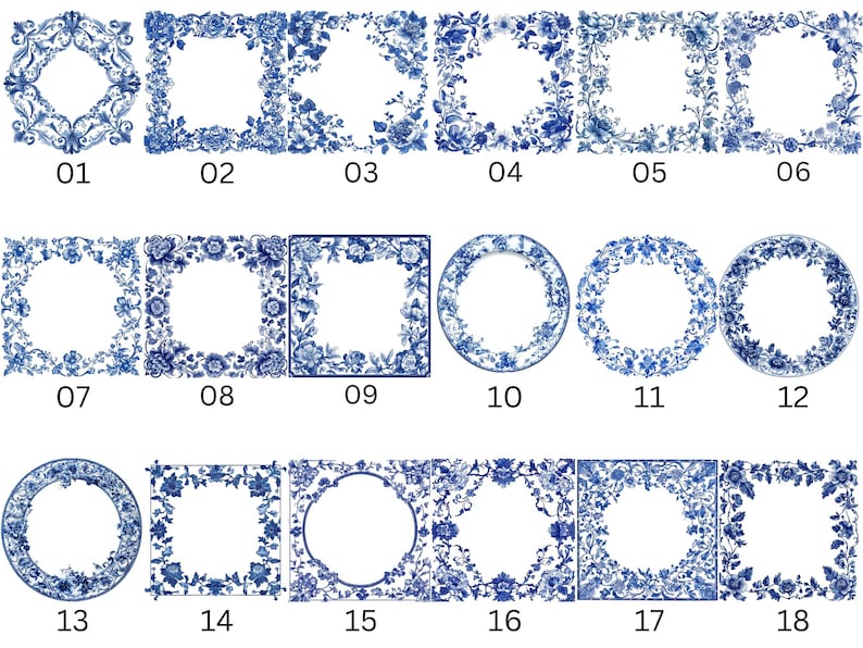 117 png watercolor blue toile frames with intricate floral and ornamental details