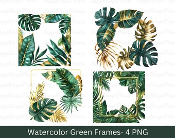 Watercolor Green Frames Png, Watercolor Green Plant Frames Set PNG, Greenery Digital Frames PNG, Botanical Clipart, Transparent background