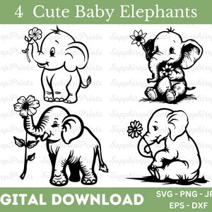 May include: Four black and white illustrations of baby elephants. Each elephant is holding a flower. The illustrations are set against a white background.