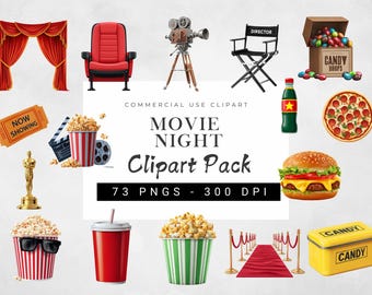 Movie Night Clipart Bundle | Cinema & Theater Illustrations | Popcorn, Soda, Candy, Film Reel PNGs for Crafts and Digital Design