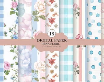 Vintage Pink Watercolor Floral Digital Paper | Seamless Scrapbook Paper | Junk Journal Background Pack PNG