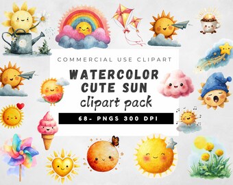 May include: Watercolor clipart pack featuring various cute sun illustrations. The images include smiling suns, rainbows, clouds, and other whimsical elements. Text on the image reads "WATERCOLOR CUTE SUN clipart pack 68- PNGS 300 DPI".