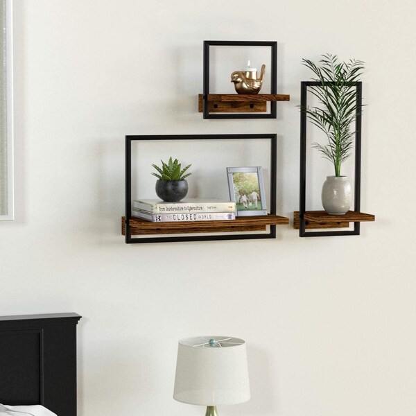 Set of 3 Rustic Wood & Metal Wall Shelves | Bathroom Shelves | Floating Shelves | Plant Shelves | Corner Shelves | Modern Wall Shelves