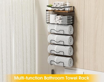 4 Tier Wood & Metal Towel Rack With Shelf | Farmhouse Towel Rack | Over Toilet Storage | Towel Storage | Bathroom Storage | Bathroom Decor