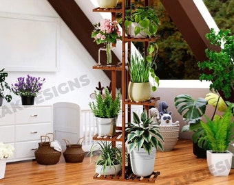 6 Tier 7 Potted Bamboo Plant Stand | Indoor Plant Stand | Plant Shelves | Tall Plant Stand | Corner Plant Stand | Plant Lover Gift