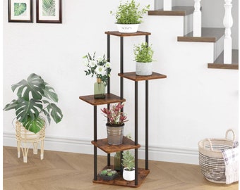 5-Tier Wood & Metal Plant Stand | Indoor Plant Stand | Tall Plant Stand | Plant Shelves | Corner Plant Stand | Unique Plant Stand