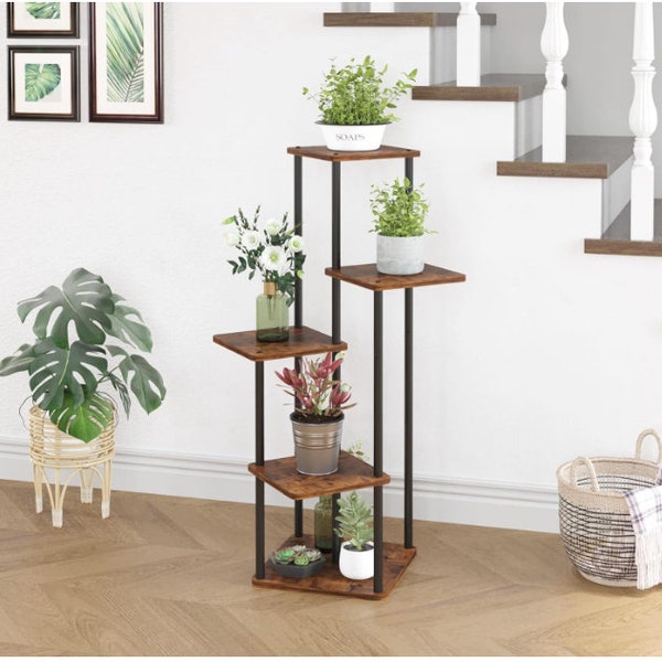 5-Tier Wood & Metal Plant Stand | Indoor Plant Stand | Tall Plant Stand | Plant Shelves | Corner Plant Stand | Unique Plant Stand