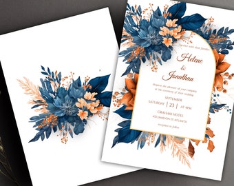 Gartenblumen Hochzeitseinladung Vorlage Aquarell Blumen Elegante Hochzeitskarte Printable Indigo Marineblau Hochzeitseinladung Rustikal Boho Chic