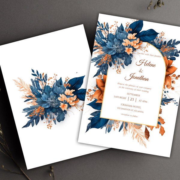 Garden Flowers Wedding Invitation Template Watercolor Floral Elegant Wedding Card Printable Indigo Navy Blue Wedding Invite Rustic Boho Chic