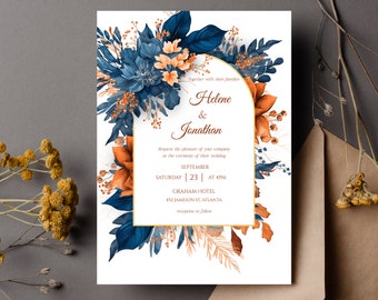 Navy Rust Elegant Wedding Invitation Template Indigo Burnt Orange Wedding Watercolor Floral Blue Terracotta Fall Wedding Invitation Digital