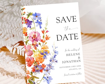 Wildflower Save The Date Template Printable Botanical Watercolor Floral Elegant Wedding Announcement Boho Garden Flowers Editable Download