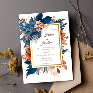 Modèle de faire-part de mariage élégant floral Aquarelle de fleurs Jardin de mariage Indigo bleu marine imprimable Invitation de mariage Boho Mariage d'automne