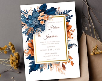 Floral Elegant Wedding Invitation Template Watercolor Flowers Garden Wedding Invitation Navy Blue Printable Wedding Invite Boho Fall Wedding