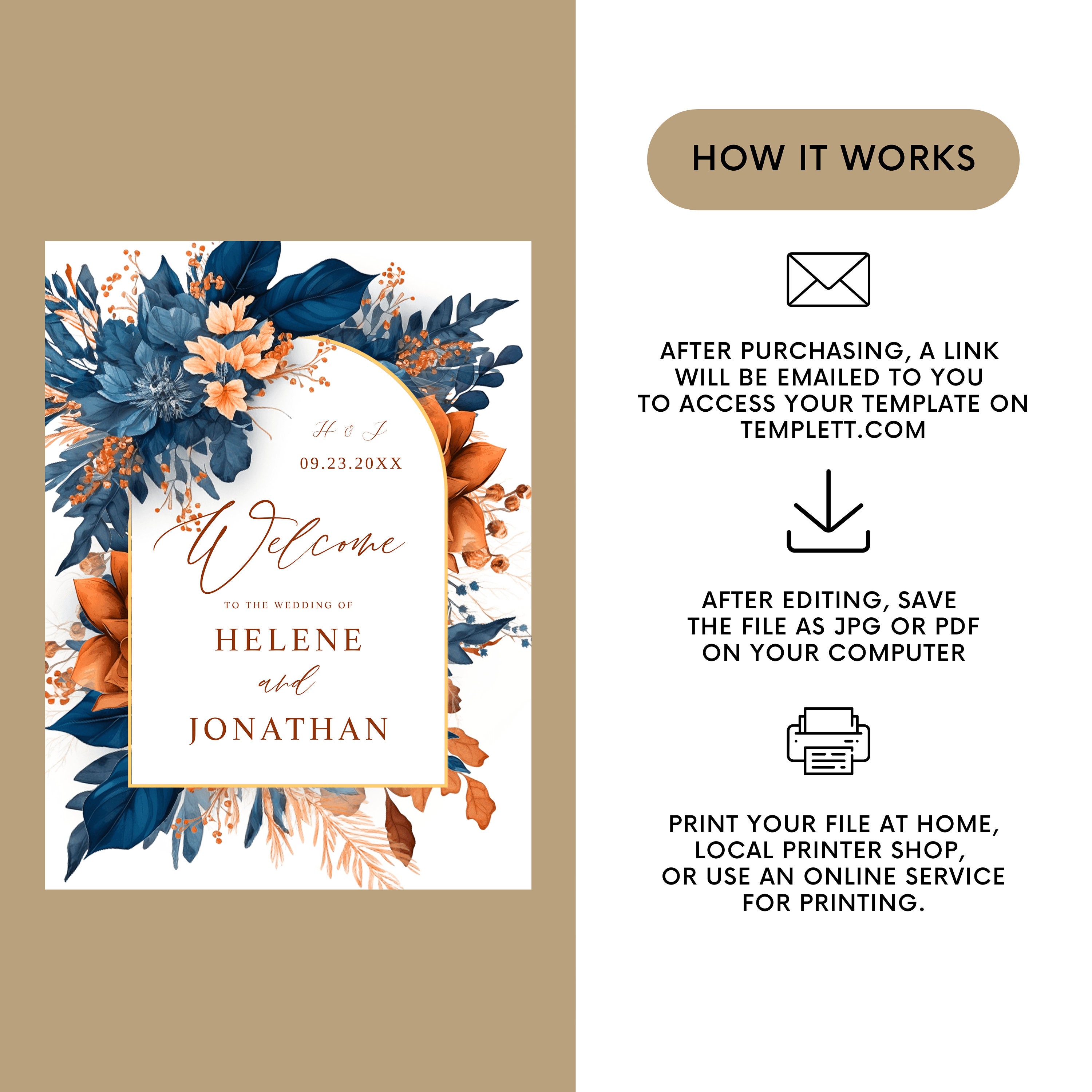 Elegant Navy Blue Rust Wedding Welcome Sign Template Watercolor Floral ...