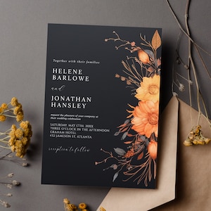 Modèle de faire-part de mariage floral sombre de mauvaise humeur, rustique noir orange en terre cuite, invitation de mariage d'automne, carte de mariage élégante jardin imprimable DM1