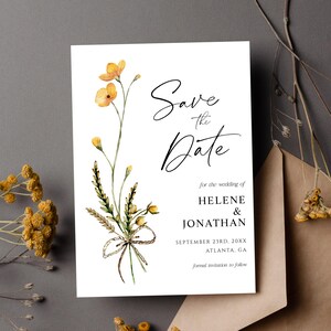 ワイルドフラワーのSave The Dateテンプレート印刷可能水彩花柄エレガントな結婚式のお知らせボヘミアン風素朴な秋のSave The Dateガーデンフラワー