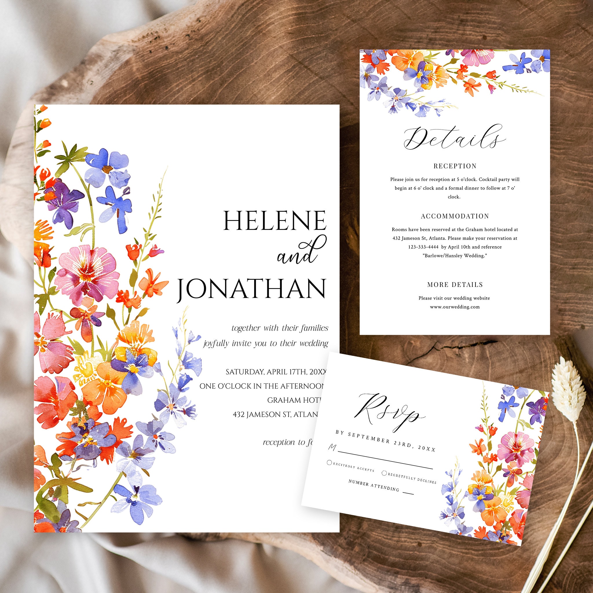 Wildflower Wedding Invitation Template: Elegant Watercolor Floral (Digital Download)