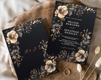Dark Gothic Floral Wedding Invitation: Moody Glam Black Gold (Printable)