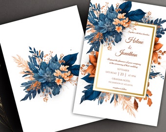Modèle de faire-part de mariage floral élégant fleurs de jardin verdure mariage bleu marine imprimable invitation de mariage rustique moderne Boho Chic indigo
