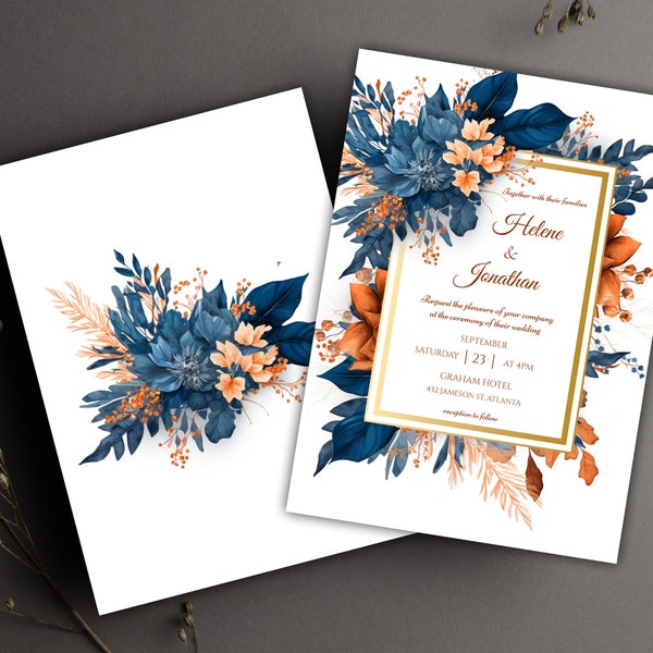 Elegant Floral Wedding Invitation Template Garden Flowers Greenery Navy Blue Wedding Printable Modern Rustic Wedding Invite Boho Chic Indigo