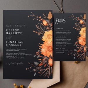 Dark Moody Floral Wedding Invitation Template Rustic Black Orange Terracotta Fall Wedding Invite Printable Elegant Wedding Details DM1