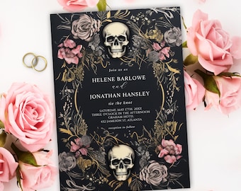 Donker gotische bruiloft uitnodiging sjabloon schedel bloemen bruiloft afdrukbare Goth glamour romantische zwarte bruiloft uitnodiging humeurig oktober Halloween herfst
