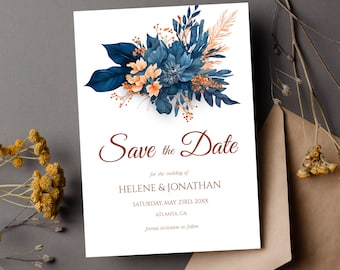 Navy Blue Rust Elegant Wedding Save The Date Template Watercolor Floral Save The Date Printable Rustic Boho Wedding Save The Date Indigo