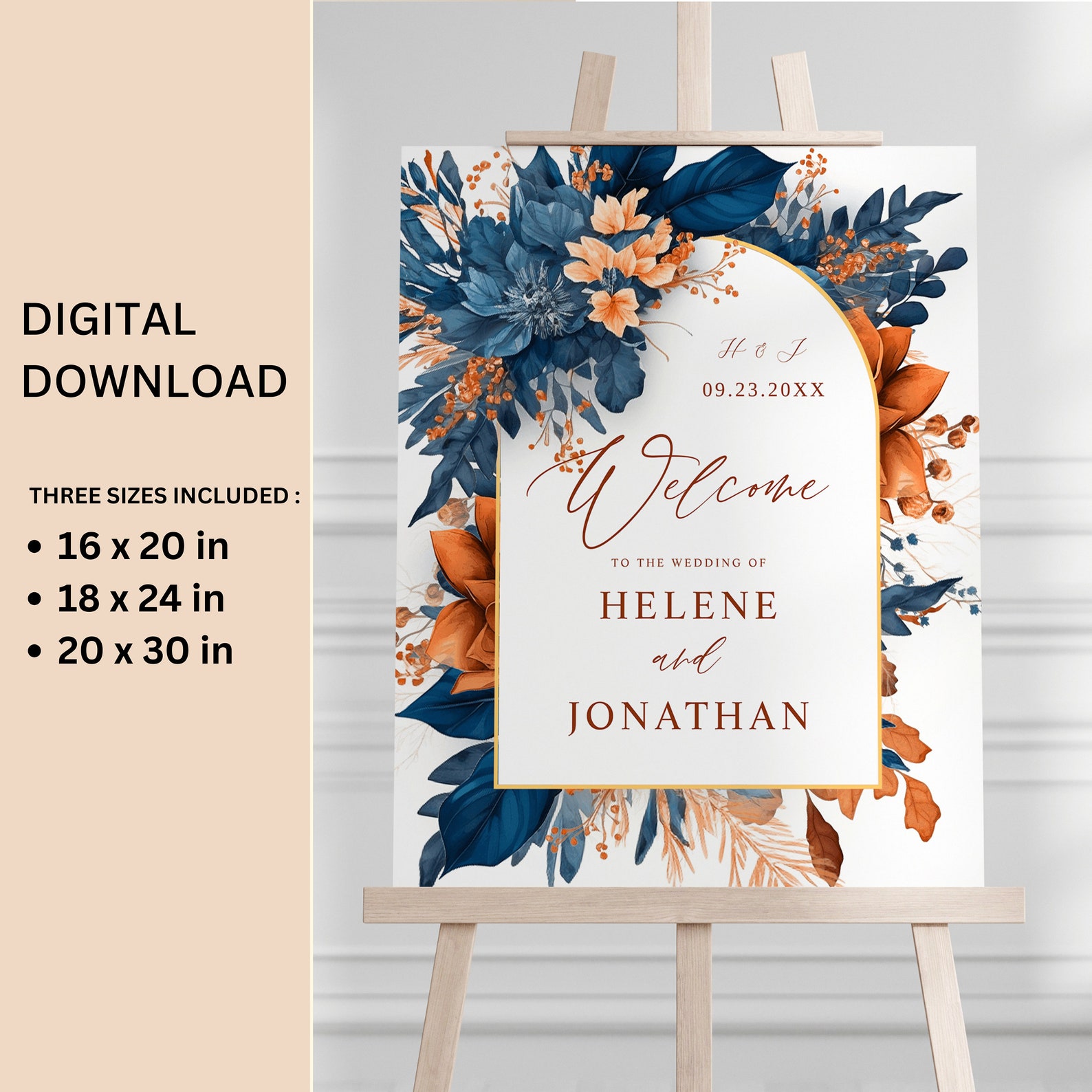 Elegant Navy Blue Rust Wedding Welcome Sign Template Watercolor Floral ...