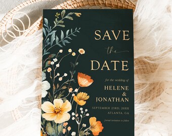 Wildflower Save The Date Template Printable Rustic Elegant Fall Save The Date Watercolor Floral Moody Wedding Announcement Boho Chic Flowers