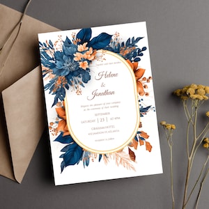 Modèle de faire-part de mariage bleu marine rouille aquarelle floral élégant mariage Indigo imprimable bleu marine orange bohème automne faire-part de mariage