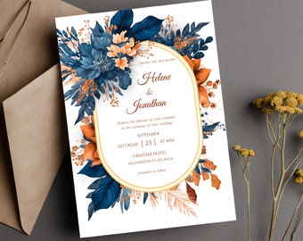 Navy Blue Rust Wedding Invitation Template Watercolor Floral Elegant Wedding Printable Indigo Navy Burnt Orange Boho Fall Wedding Invite