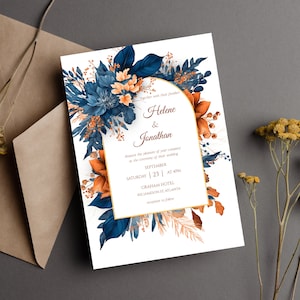 Blaue Terrakotta-Hochzeits-Einladungs-Vorlage Aquarell Blumen Boho Herbst Elegante Hochzeit einladen Indigo Terrakotta Marine Rost Hochzeit Digital